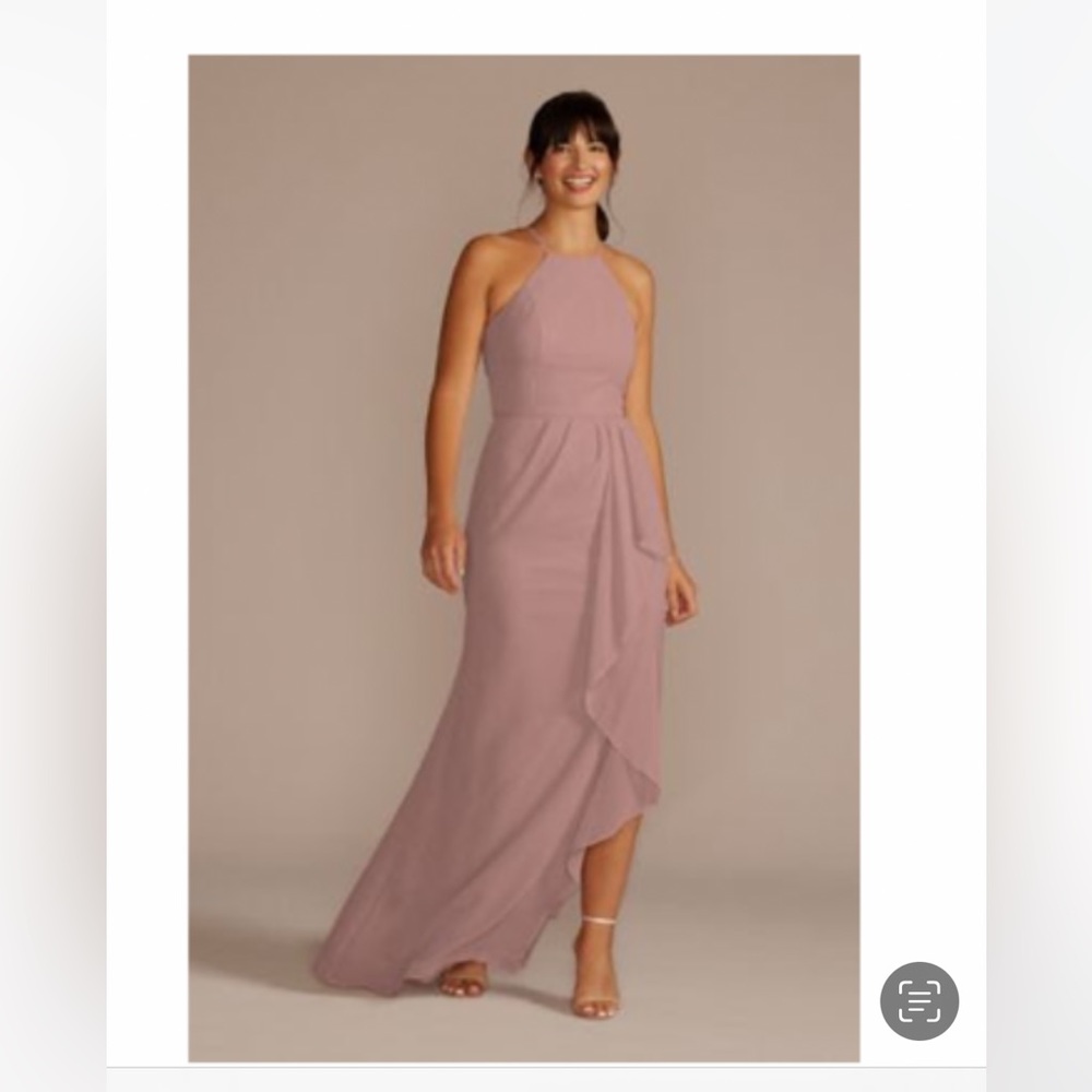HIGH-NECK CHIFFON BRIDESMAID DRESS WITH CASCADE,QUARTZ,0